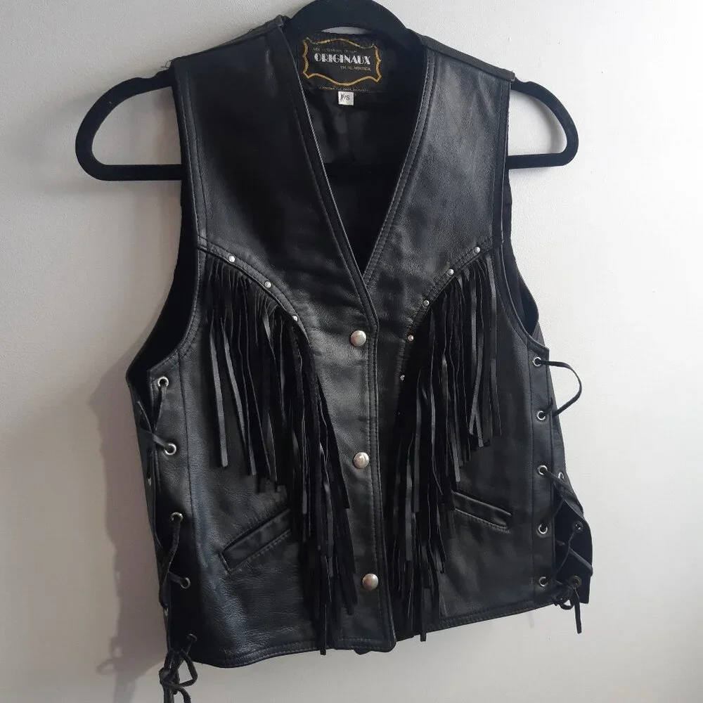 Vintage Genuine Leather Fringe Vest Biker Western Black Lace Up Made in Canada S - Picture 2 of 11